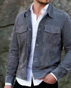 Herren grau Wildleder Lederjacke - lässig schmale Passform, geknöpft, vier Taschen - Bild 1 von 5