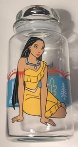 Barattolo caramelle in vetro Disney's Pocahontas con coperchio di tenuta 8,5""H x 4""W dipinto trasparente vintage - Foto 1 di 4