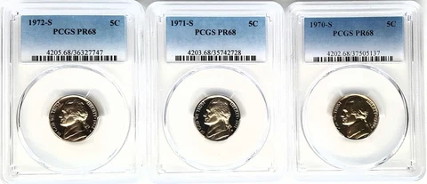 1970-1972-S Proof Jefferson Nickle (5C) PCGS PR 68-Fading Blue Label-3 Coin Cover