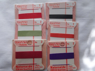 SEIS tarjetas Griffin 100 % cuerdas de hilo de seda con aguja talla 1 y 2 varios colores G256 DNG Foto 1 de 2