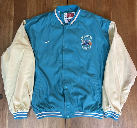 Charlotte Hornets Reebok Nylon Lined Jacket NBA Size L Vintage 90s Teal / Beige Cover