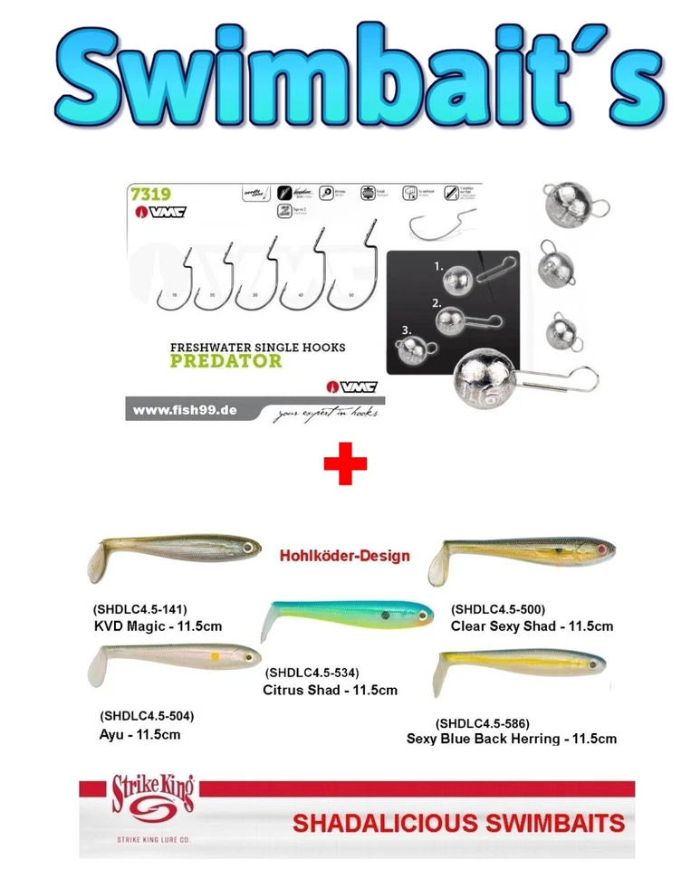 Strike King® Swimbait´s 5 Farben Set  + VMC7319 + Cheburashka Blei 20-40g - Bild 1 von 1