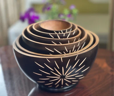 Decorative Wooden Nesting Bowls Stackable Rustic Farm House Cabin Set of 6 - Image 1 of 4