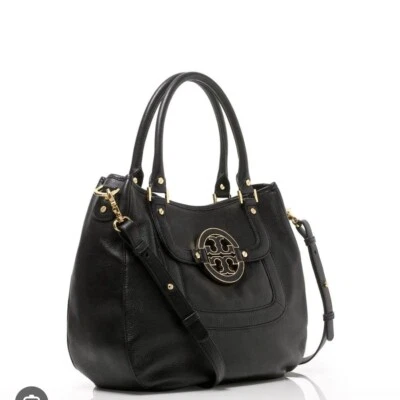 TORY BURCH AMANDA BLACK PEBBLED LEATHER CROSSBODY HOBO TOTE BAG Excellent - Image 1 of 4