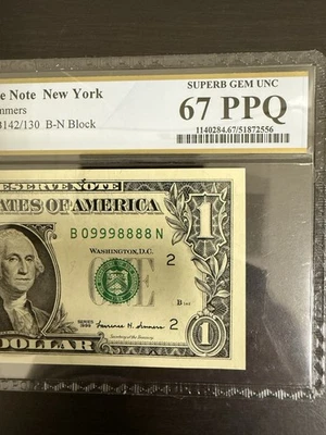 1999 $1 Dollar Bill, Trinary Fancy, Quad, PCGS 67Supperb Gem UNC B09998888N  #51 - Image 1 of 4