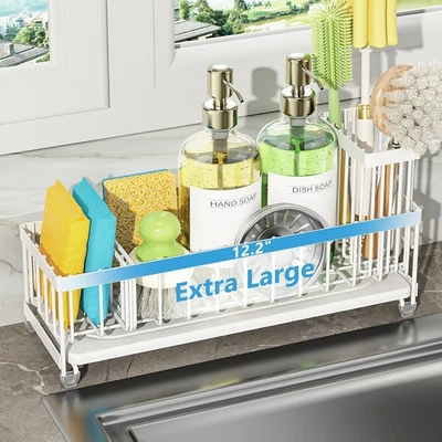 Carrito de fregadero organizador extra grande con piedra de secado, soporte de esponja blanco para K... Foto 1 de 4