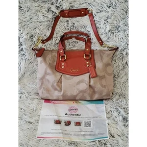 Coach F20027 Signature Schultertasche hellbraun Satin orange rot koralle Leder Echtheitszertifikat - Bild 1 von 15