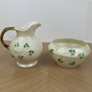 Antique Belleek Ireland Shamrock Mini Creamer & Sugar Bowl Set - Picture 1 of 6