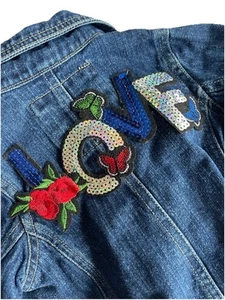 Kenneth Cole Reaction Kids Denim Peacoat Jacket Sequin LOVE Designer Patch 6-9mo - Picture 1 of 6