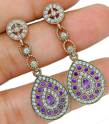Ottoman Empire Style 4CT Amethyst & Topaz 925 Sterling Silver Earrings TB1 - Image 1 of 2