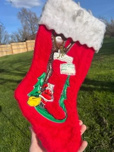 Vintage 1950s 60s MCM Felt Christmas Stocking Santa Fill it Up Vinyl Appliqué - Picture 1 of 7