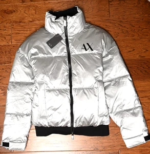 Armani Exchange A|X $310 Shiny Silver Puffer Bomber Blouson Jacket Men's L - Picture 1 of 17