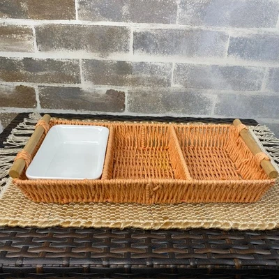 Vtg 3 section peach wicker basket ceramic dish insert wood handles 14.5" x 8"  - Image 1 of 4