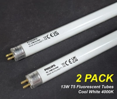 2 x 13W T5 Fluorescent Tubes 4000K Cool White 530mm Fluoro Light Lamp Bulb - Image 1 of 4