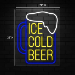 Ice Cold Beer Sign for Business Displays | LED Flex Neon | 24"W x 31"H x 1"D - Picture 1 of 5