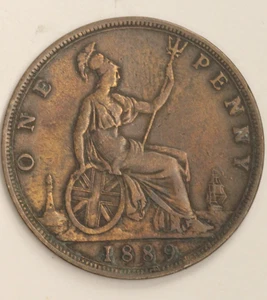 GREAT BRITAIN GB UK KM755 1889 FINE-NICE OLD ANTIQUE BRONZE PENNY COIN - Picture 1 of 3