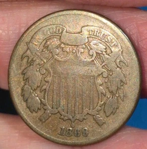 1869 Two Cent Piece Ungraded Circulated Civil War Era US Copper Coin - Picture 1 of 5