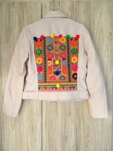 ZARA PALE PINK REAL LEATHER BIKER JACKET WITH TRIBAL EMBROIDERY & POMPOMS SIZE S - Picture 1 of 12