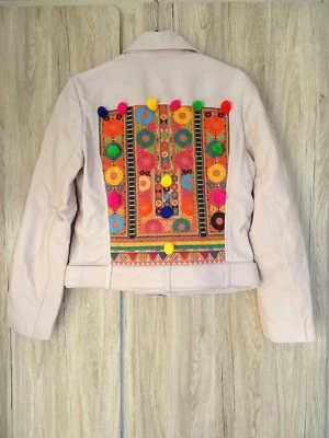 ZARA PALE PINK REAL LEATHER BIKER JACKET WITH TRIBAL EMBROIDERY & POMPOMS SIZE S - Image 1 of 4