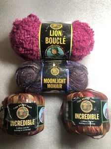 Lot of 4 Lion Brand Yarns AUTUMN LEAVES -Rose & Purple Mountain Moonlight Mohair - Picture 1 of 4