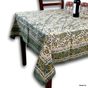 Block Print Tablecloth Rectangle 72x106 Green Yellow Cotton Floral Paisley Linen - Picture 1 of 2