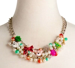 Betsey Johnson Silver Tone Necklace Christmas Holiday Charms Faux Pearls Bears - Picture 1 of 17