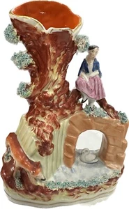 STAFFORDSHIRE Überlaufvase Mädchen auf Brücke mit Fuchs und Schwan 1850 Antik RAR - Bild 1 von 13