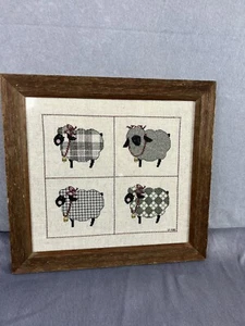 Sheep Picture Neutral Black Cream Farmhouse Nursery Rustic Cross-stitch Framed - Picture 1 of 8