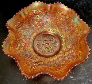 Fenton Bowl Marigold Carnival Glass Cherry Chain 9 7/8" Wide - Picture 1 of 5