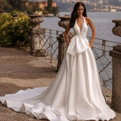 Спагетти ремень трапециевидный белый свадебные платья аппликация без спинки Sweep поезд - Изображение 1 из 4