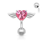 Pink Crystal Reverse Heart Top Down Belly Bar Navel Piercing Angel Wings