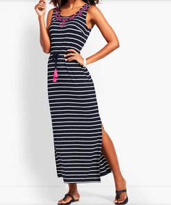 Talbots Schaufelausschnitt bestickt gestreiftes Maxikleid blau/weiß Größe Large Petite - Bild 1 von 8