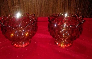 AMBER Glass CANDLE HOLDERS BEAD GLASS SCALLOPED LIP PEDESTAL VINTAGE - Picture 1 of 3