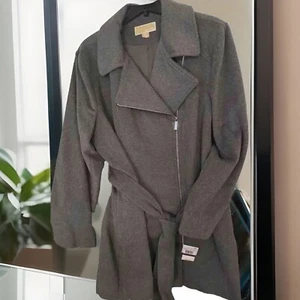 Michael Kors Damen Wollmantel asymmetrisch mit Gürtel Wickeloptik, grau, Größe 2XL, neu mit Etikett - Bild 1 von 6