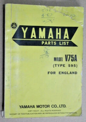 Yamaha V75A (595) 1975 USED OEM Parts List Manual Book 595-28198-E5 - Image 1 of 4
