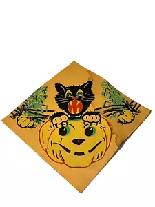 Vtg Crepe Paper Halloween Napkin JOL Black Cat Pumpkin Fence Corn Shock - Picture 1 of 3