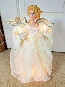Lighted Angel Tree Topper 12.5" With Satin Dress & Porcelain Face & Hands  - Picture 1 of 4