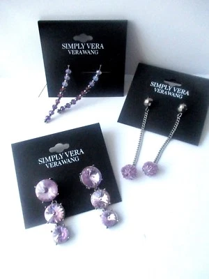 Lote de 3 pares de pendientes Vera Wang púrpura con cuentas estrás colgantes perforados Foto 1 de 4