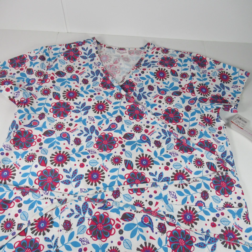 Amanda Scrubs  Multicolored Floral Cinch Back Faux Wrap Scrub Top Size XL NWT - Image 1 of 4