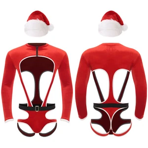 Mens Costume Santa Outfit Comfortable Set Open Butt Dress Up Front Zipper Hat - Picture 1 of 17