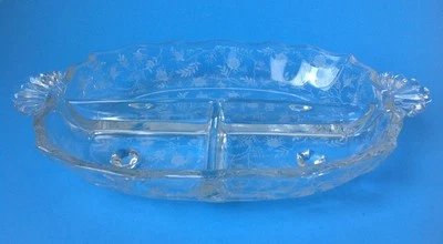 Vtg Fostoria Relish Dish 3 Part Baroque Chintz Rose Divided Etched Clear Handled - Image 1 of 4