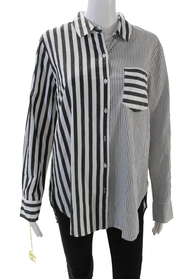 Blusa Tribal Mujer Algodón Cuello Bolsillo Detalle Rayas Abotonada Blanca Talla M Foto 1 de 4