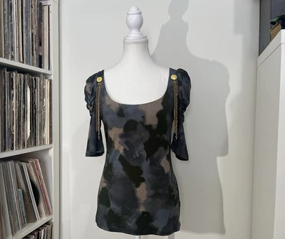 Винтажный Y2K Baby Phat сексуальный абстрактный золотой подвеска деталь собранными в Рюш рукавами Топ женщин M - Изображение 1 из 4