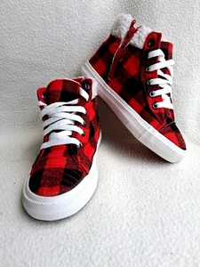 Zapatilla deportiva de EE. UU. talla 13 alta roja a cuadros ribete de piel sintética niñas - Imagen 1 de 8