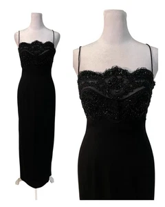 Vtg Carmen Marc Volvo Black Beaded Lace Sheath Maxi Dress Formal 90s Y2K Goth 2 - Picture 1 of 15