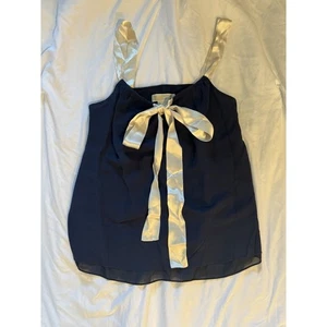 Michael Kors 100% Silk Tank Top Coquette Navy Cream Bow Sweet Girly Medium - Picture 1 of 5