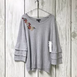 Tribal Women Gray Floral Embroidered Knit Ruffle Layered 3/4 Sleeve Sweatshirt L - Picture 1 of 6