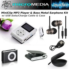 AudioBLUE-MiniClip MP3 Player-Card Reader-Bass Metal Earphones-Cable-Case-Bundle