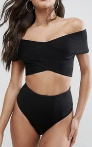MISSGUIDED BLACK BARDOT BANDAGE STRETCH BIKINI SET TOP & BOTTOM - Picture 1 of 3