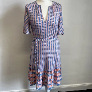 Boden Jersey Dress Size 8 Blue Pink Geometric Pattern Tiered Notch Neck - Picture 1 of 11
